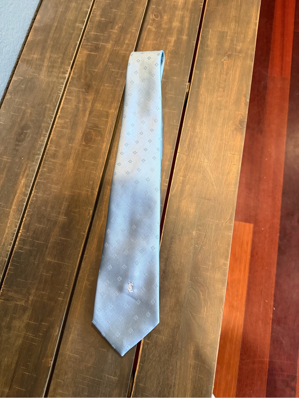 Yves Saint Laurent Pale Blue Silk Tie geometric logo vintage necktie